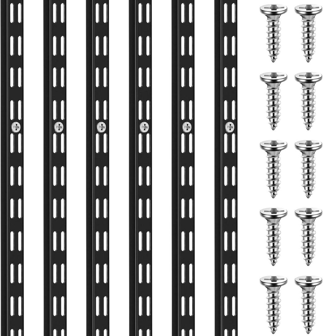 MorningRo 6 Pcs Dual Track Upright Wall Shelving System Heavy Duty Support System Twin Slot Shelf Rail Shelf Standards for Pantries Linen Closets Laundry Rooms(Black,47.5 Inch)