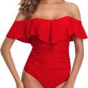 ZINPRETTY Womens Retro One Piece Bathing Suit Tummy Control Off Shoulder Swimsuit Flounce Ruffled Monokini Full Coverage (Small, Red Swimsuit)