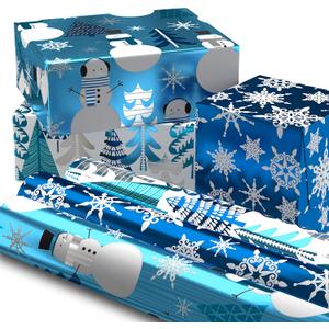 Hallmark Blue Foil Christmas Wrapping Paper with Cut Lines on Reverse (3 Rolls: 60 sq. ft. ttl) Snowmen, Snowflakes, Christmas Trees