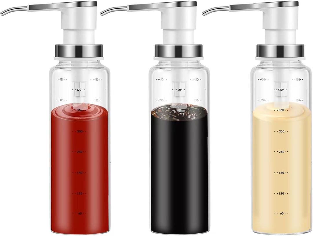 MEUJAWQR Coffee Syrup Dispenser, Sauce Pump Dispenser, 17 oz Glass Bottle with Stainless Steel Pumps, Leak-Proof, Food Grade Pumps for Honey, Syrups, Oil, Condiments, Salad Dressings and More (3)