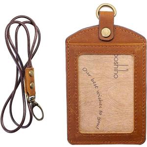 Badge Holder: Boshiho Cowhide Leather ID Badge Card Holder with 19" Neck Lanyard, Vertical Style (Light Brown)