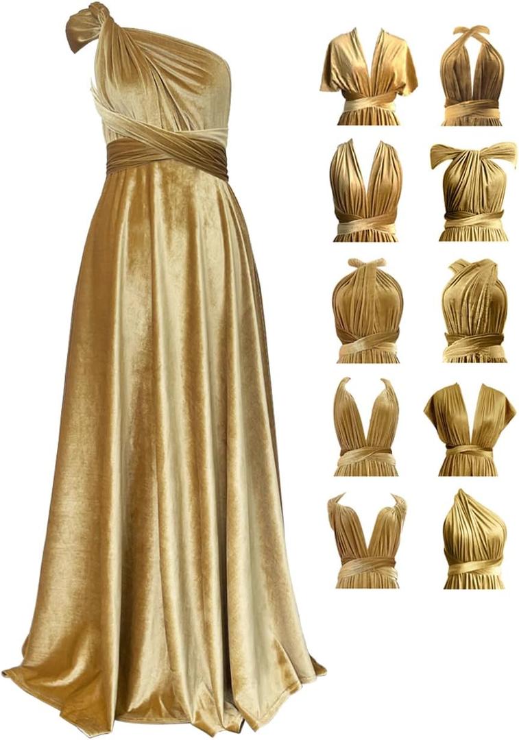 Velvet Infinity Dress with Bandeau, Convertible Bridesmaid Dresses, Multiway Wrap Maxi Long Formal Wedding Guest Dress (One Size, Gold)