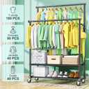 Double Rods Clothes Rack for Hanging Clothes, Heavy Duty Rolling Clothing Rack with Wheels, Freestanding Garment Racks with Oxford Bottom Shelf and Mesh Bottom Shelf for Bedroom Laundry Living Room