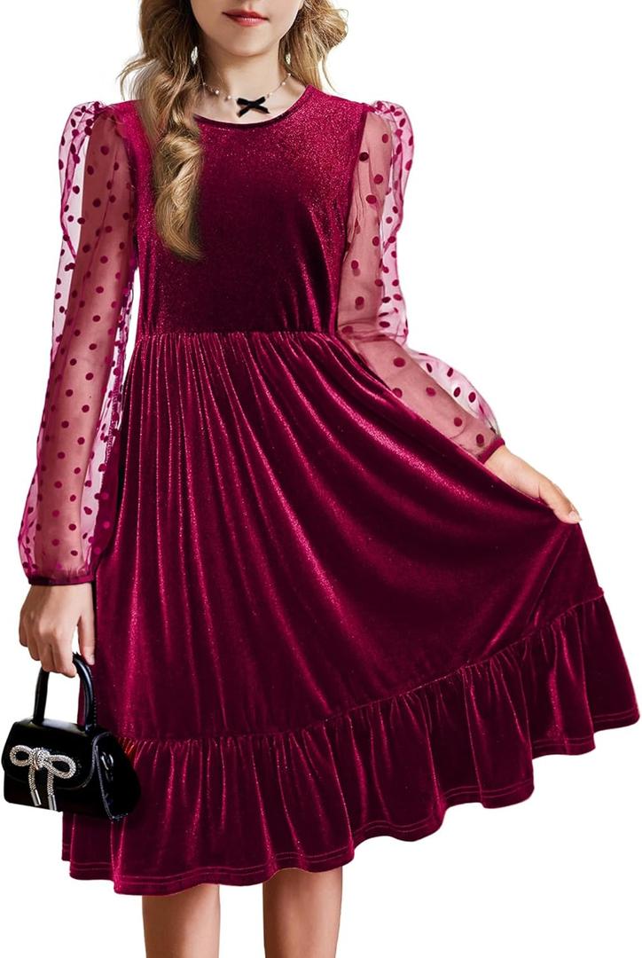 Arshiner Girls Dresses Contrast Mesh Velvet Long Sleeve A-Line Vintage Party Dress with Pockets (10-11 Years, Wine Red)