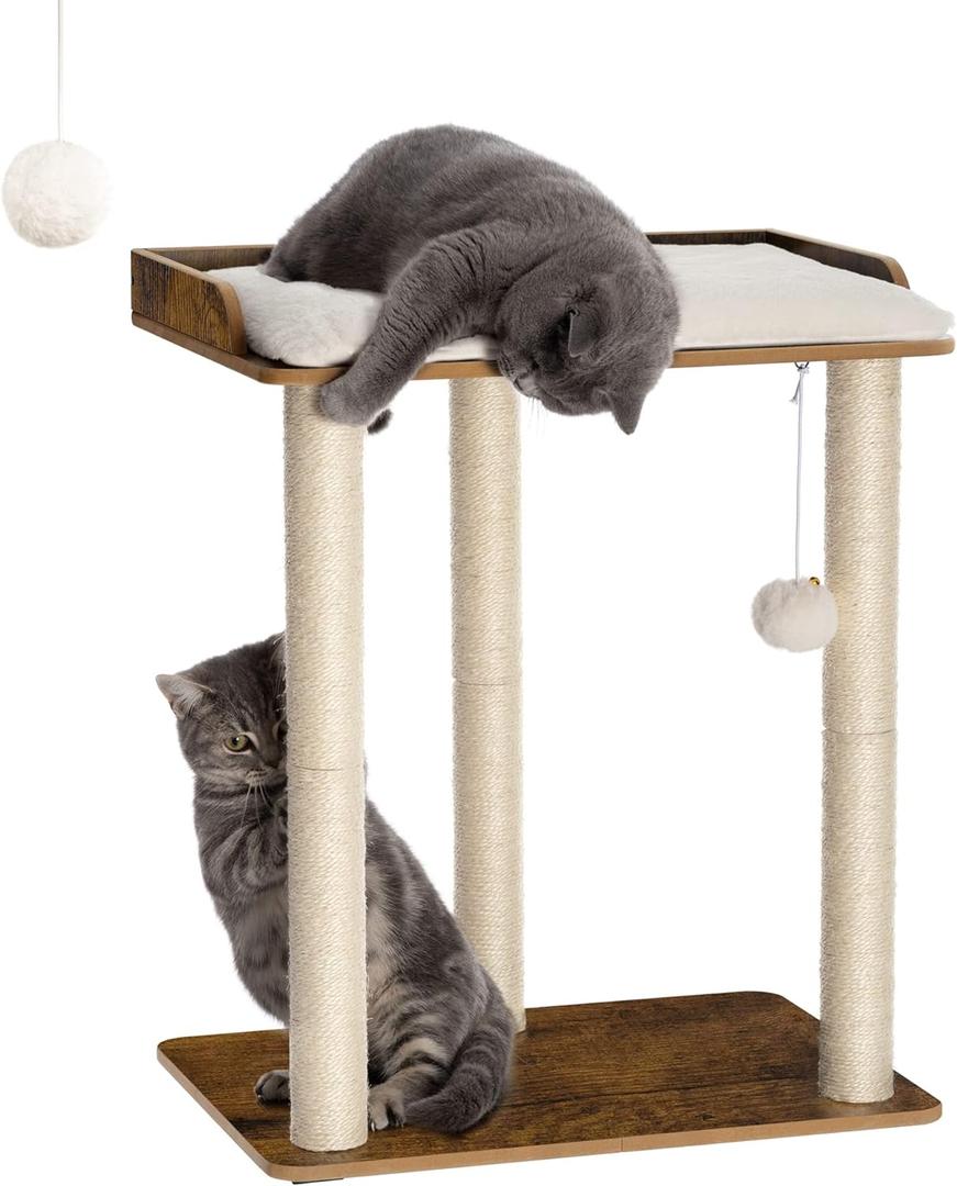 FourFurPets 26.7in Large Cat Tree Tower Condo, Cat Scratch Posts for Indoor Cats, Big Plate, Three 23.6in Full Sisal Scratching Posts, Rustic Brown (22"L x 15.7"W x 26.7"H)