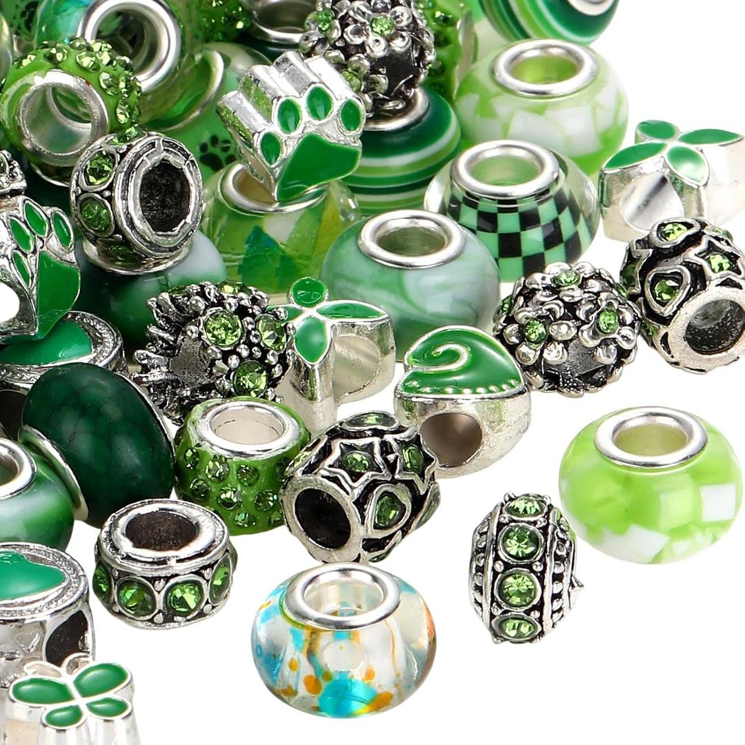 Hicarer 80 Pcs Assorted European Large Hole Beads, Spacer Glass Beads Rhinestone Metal Macrame Charms Supplies for DIY Crafts Bracelets Necklaces Jewelry Making(Green)