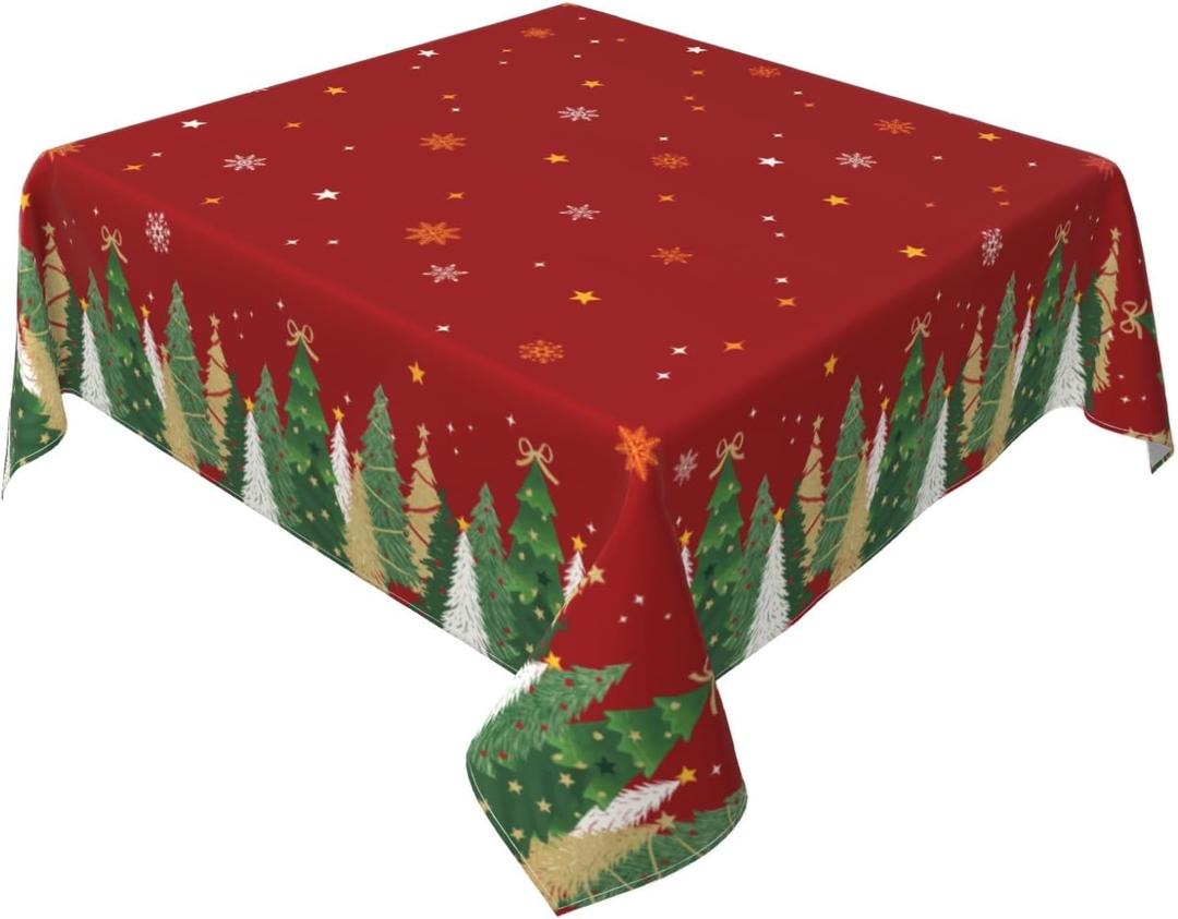 Christmas Tablecloth Square 52x52 Inch Red Xmas Tree Snowflake Winter Holiday Theme Decorative Table Cloth Seasonal Rustic Farmhouse for Indoor Party Kitchen Dinner Picnic Decor