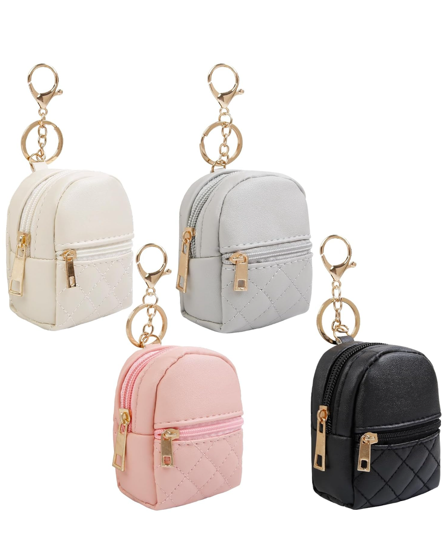 4Pcs Mini Backpack Keychain,Cute Cosmetic Bag for Women,PU Leather Makeup Bag Key Pocket Lipstick Bag Card Holder Data Cable Organizer Zipper Pouch 