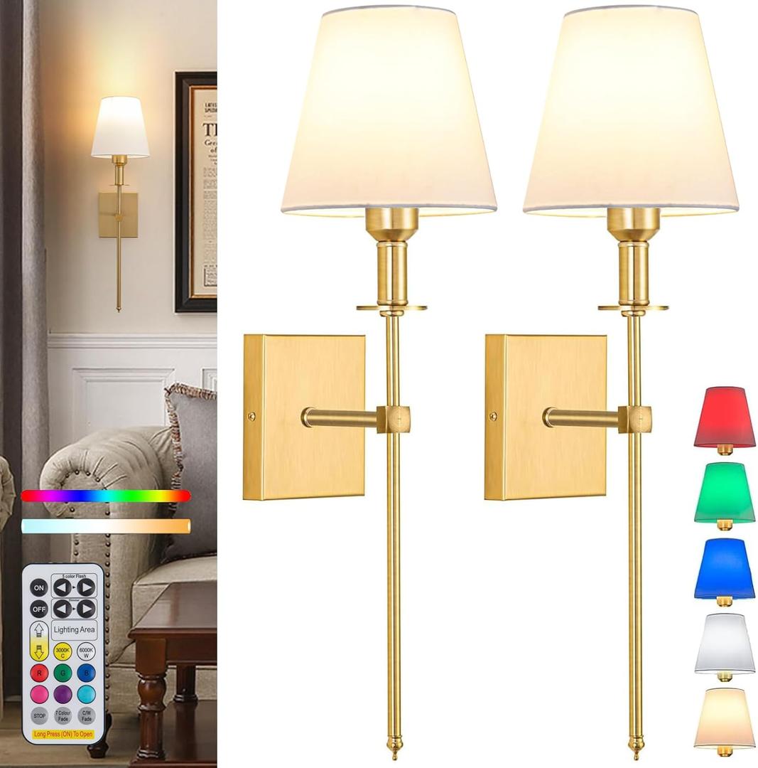 Battery Operated Wall Sconce Set Of 2,Rechargeable Wireless Wall Light With Remote 12 Colors Dimmable Bulbs,Indoor Fabric Shade Wall Decor Fixtures,for Bedroom,apartmentFarmhouse ( Color : Gold )