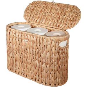 PINXIURY Water Hyacinth Toilet Paper Storage Basket, Bathroom Toilet Organizer with Lid, Woven Toilet Paper Holder for 6 Mega Rolls Bathroom Storage, Magazine Holder for Office, Bedroom