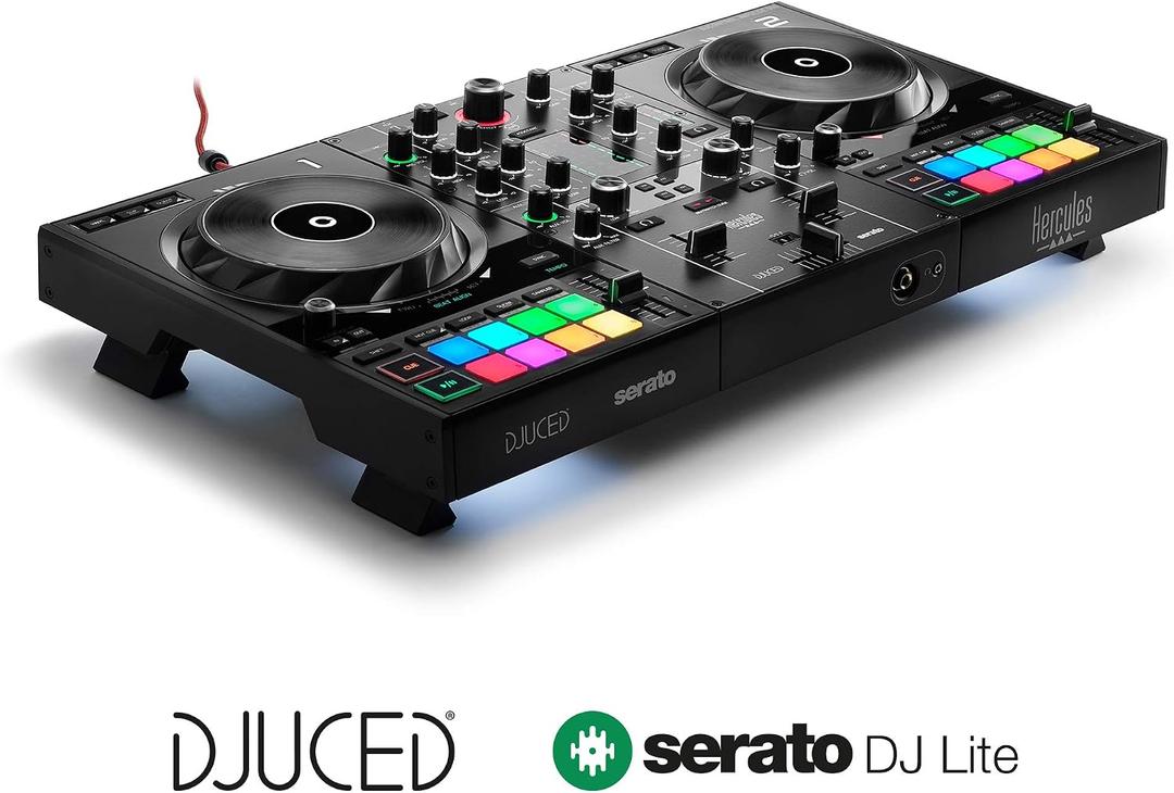 Hercules DJControl Inpulse 500 DJ Controller – Beginner DJ Set, 2-Deck USB DJ Mixer with Built-In Audio Interface, RGB Pads, Touch-Sensitive Jog Wheels