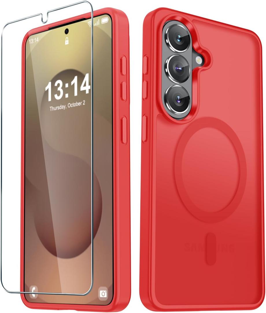 2 x YENAPOON for Samsung Galaxy S26+ Plus Case, Matte Magnetic Phone Cover, Red | Fit for MagSafe, Screen Protector included, Shockproof Military Grade Protection, Translucent Frosted Back