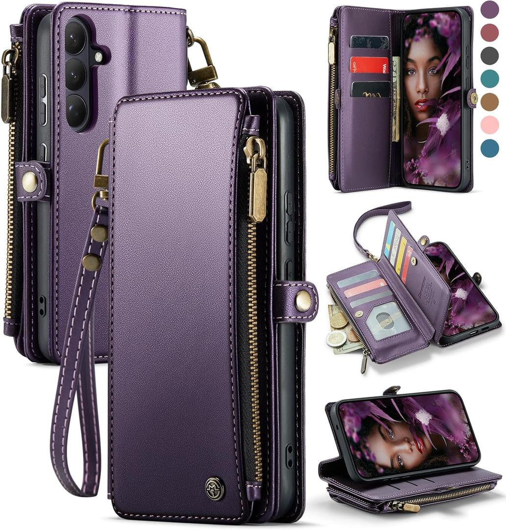 Defencase for Galaxy S26 Case Wallet with RFID Blocking Card Holder for Women, Elegant PU Leather Magnetic Snap Flip Wristlet Strap Zipper Wallet Phone Cases for Samsung Galaxy S26 5G 6.3", Purple