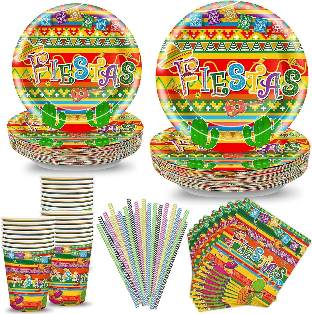 120 Pcs Cinco De Mayo Table Decorations Fiestas Mexican Party Tableware Set Serves 24, Including Paper Plates and Napkins, Cups, Straws for Taco Tuesday Mexican Theme Birthdays Carnivals Party Favors