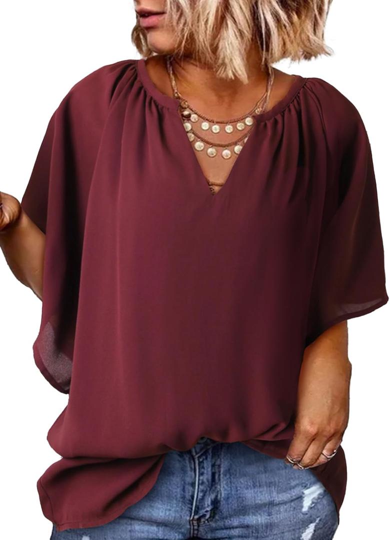 Eytino Womens Plus Size Tops Loose V Neck Bell Short Sleeve Casual Chiffon Blouses Pleated Flowy Shirts (Red, XXL)