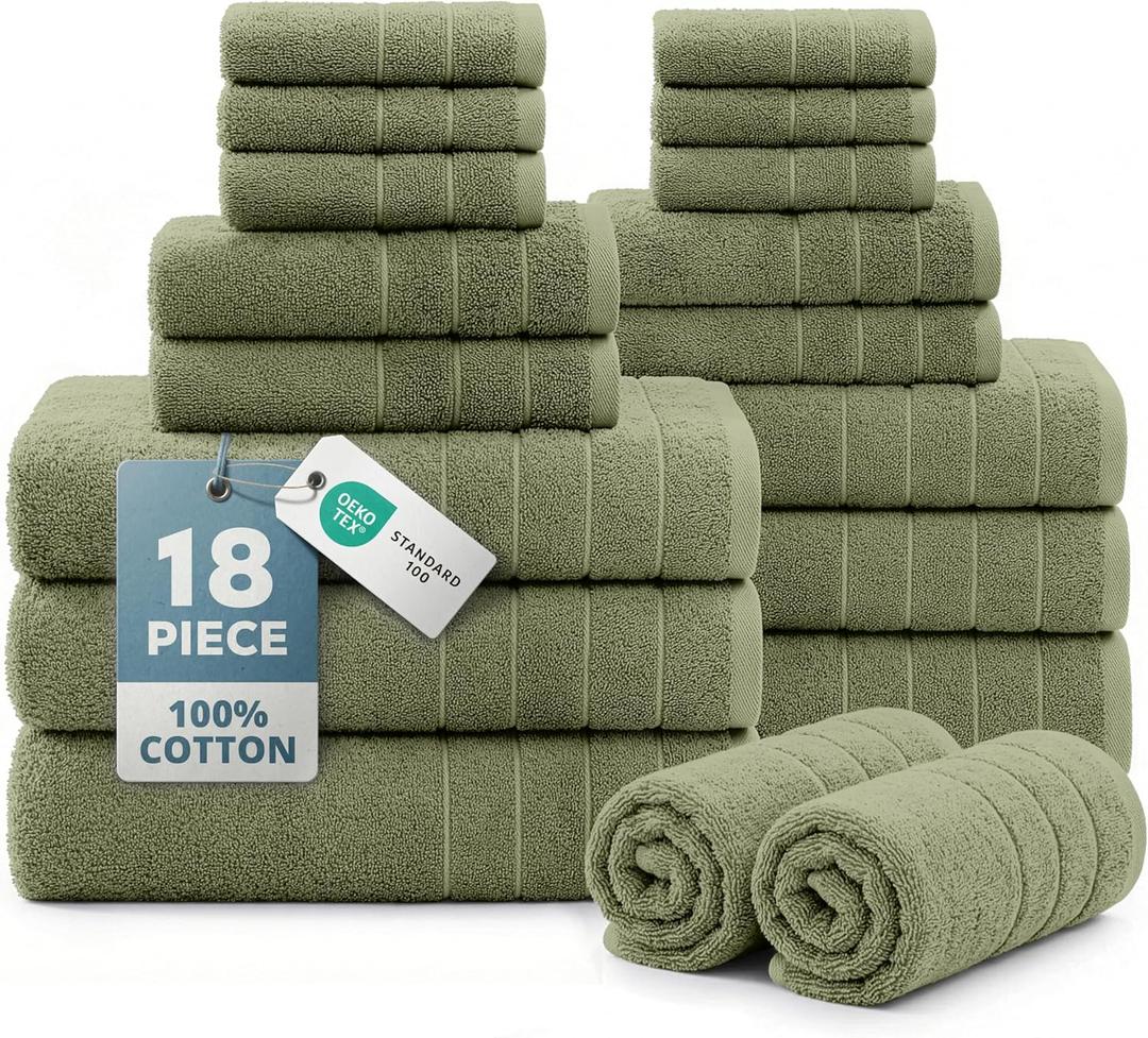 Casa Platino 100% Luxury Cotton Bath Towel Pack of 18 - Softer, High Absorbency & Durable - 6 Bath, 6 Wash Cloth, 6 Hand Towels for Bathroom - Premium Look, Spa Quality, Solid Dyed Towels - Oil Green