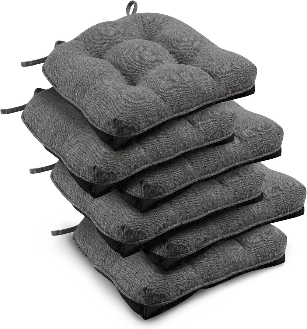 downluxe Indoor Chair Cushions for Dining Chairs, Tufted Overstuffed Textured Kitchen Chair Pads with Ties and Non-Slip Backing, 15.5" x 15.5" x 4", Dark Grey, 6 Pack