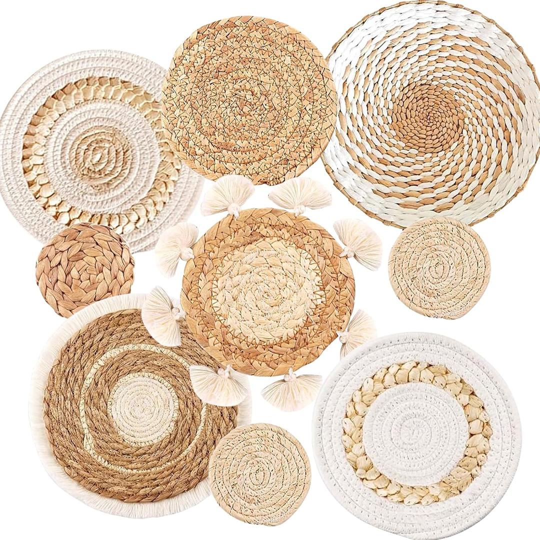 9PCS Boho Wall Baskets Set, Seagrass Rattan Wicker Basket Set, Round Handmade Hanging Basket Decor for Farmhouse Living Room Bedroom Display Table Kitchen Home (9pcs beige white tassel)
