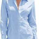 Mutitop Button Down Shirts for Women Long Sleeve Dress Shirts Wrinkle Free Collared Work Office Solid Blouses Corset Tops (Large, B-light Blue)