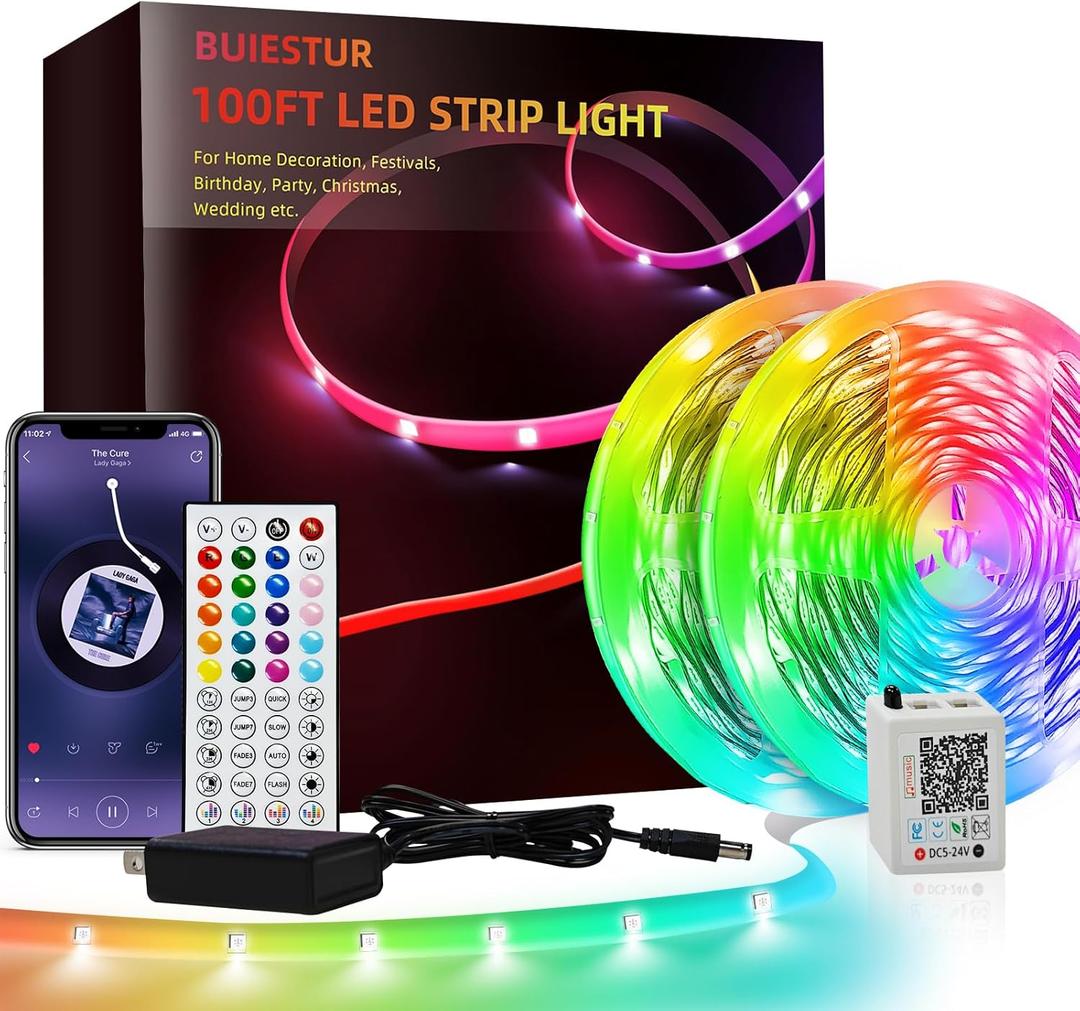 200 FT Bedroom LED Lights (2 Rolls of 100 FT)
Music Synchronized Color Changing RGB LED Strip Lights, Bluetooth LED Lights with Remote and App Control, Ideal for Home and Party Decoration