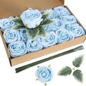 Artificial Roses,16PCS Light Blue Roses 2.76" Austin Silk Roses Artificial Flowers Bulk for Wedding Bouquets Party Home Decor(Light Blue)