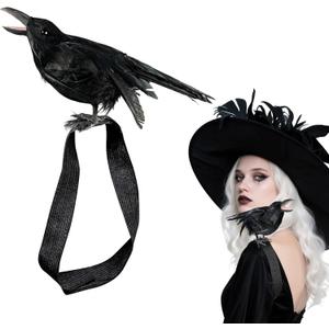 Wowagoga Halloween Realistic Crow Black Feather Crow Statue Shoulder Strap Style Halloween Party Decoration Outdoor Bird Props for Holiday Dressing