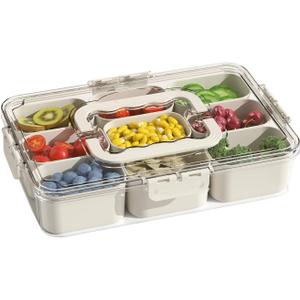 Snackle Box Container, Portable 9 Compartments Divided Serving Tray with Lid and Handle, Clear Snack Box, Stackable Snack Platters Organizer for Fruits, Candies, Vegetables, Nuts-1 Pack (Square-1pcs (White))