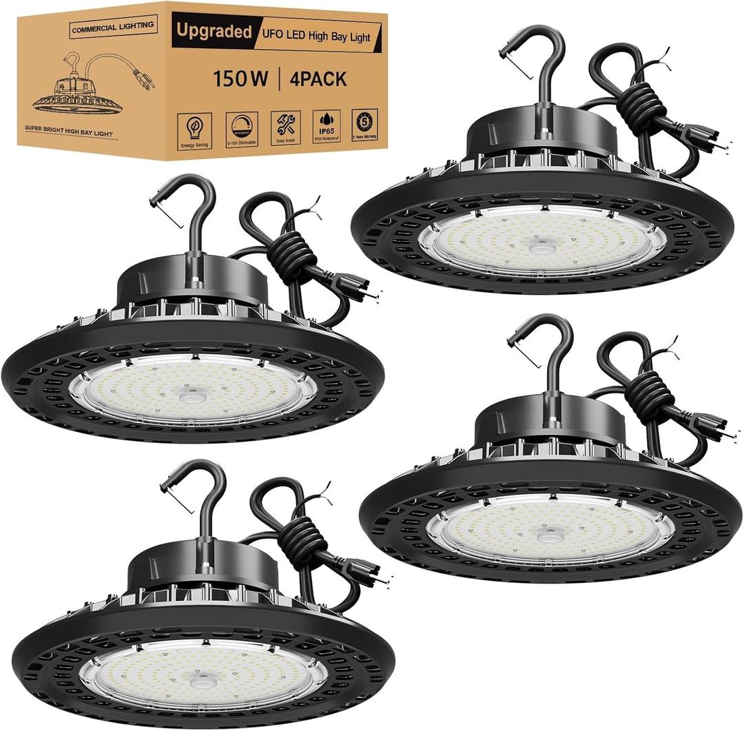 150W UFO LED High Bay Light 4 Pack, 22,500LM 5000K High Bay Lights, 5' Cable with US Plug, Hanging Hook, Safe Rope, ETL Listed for Shop Warehouse Barn, Black/5700K