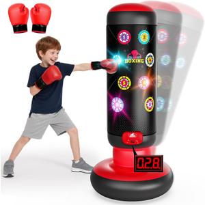 HopeRock Punching Bag for Kids, Boxing Set with Scoring, Light, Music, 4 Game Modes, Inflatable Boxing Bag with Gloves, Birthday Gifts Toys for 4-8-12 Years Old Boys (Red)