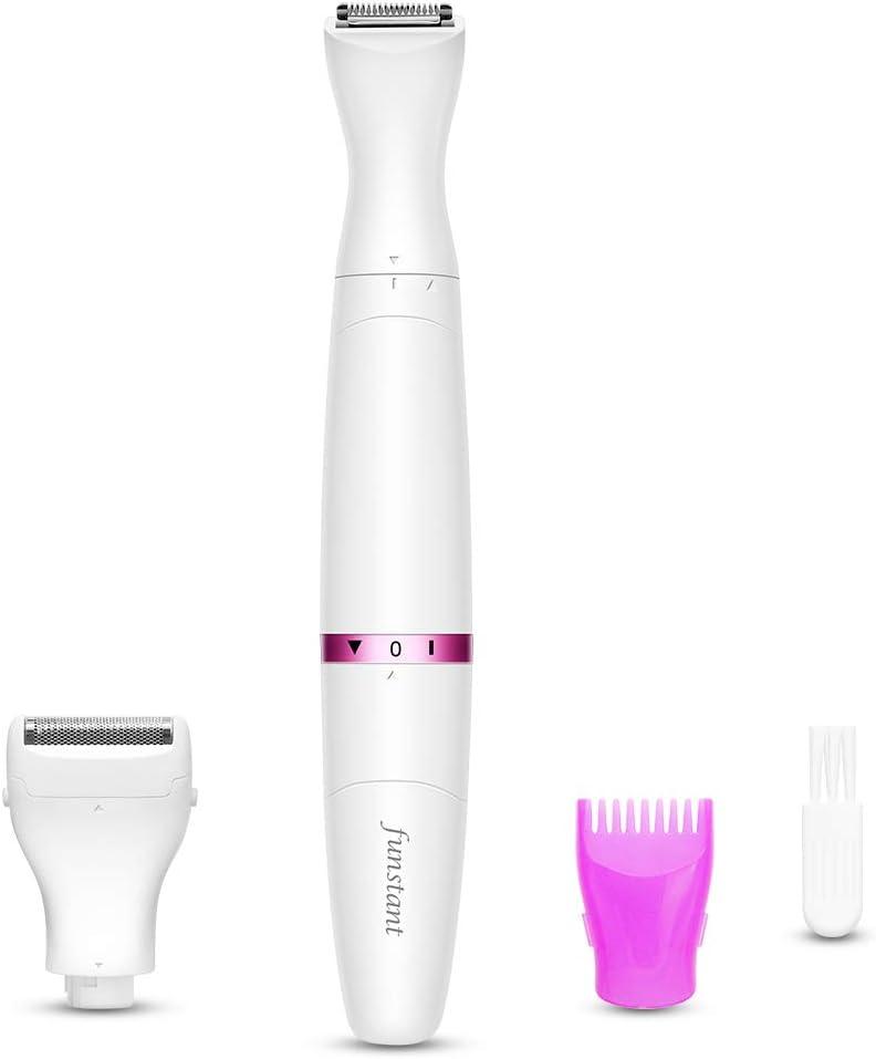 Bikini Trimmer, Funstant Electric Razor for Women with Comb, Cordless Safe Hair Trimmer Floating Foil for Dry Use, Battery Operated Personal Shaver for Lady Girl, Pubic Hair, Delicate Private Area (Seashell White)