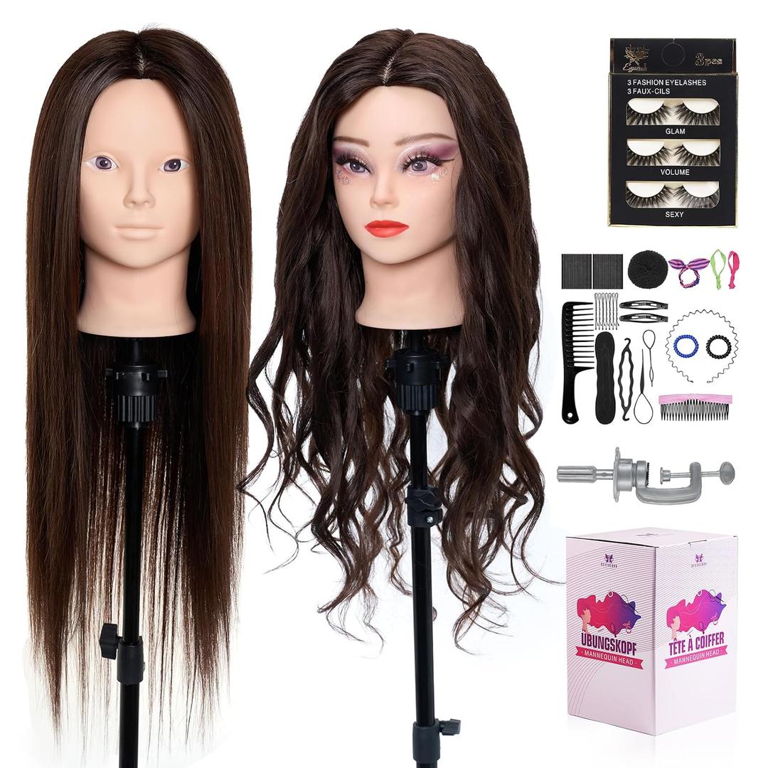 Mannequin Head 80% Human Hair - 28 Inch Make up Cosmetology Manikin Practice Doll Head with Hair,Braiding Hairdressing Head for Hair Styling with Table Clamp + DIY hair Styling Set