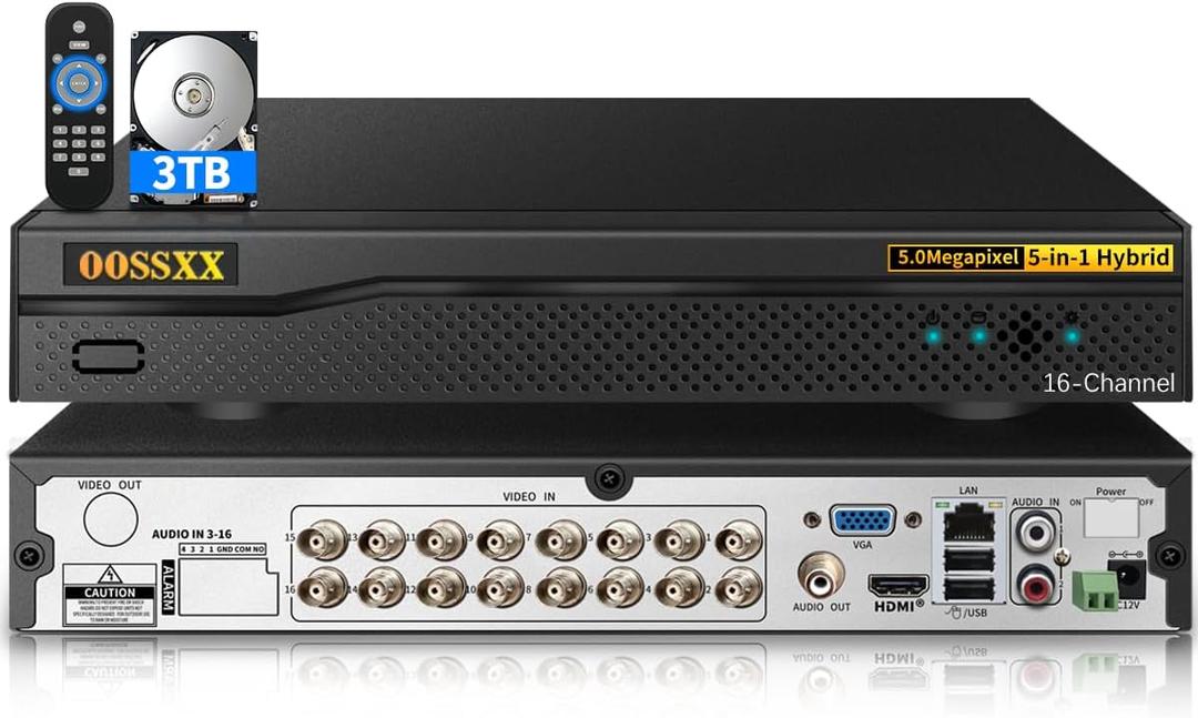 DVR 16-Channel Hybrid Capability 5-in-1 Digital Video Recorder 5.0MP HD Security DVR Recorder AHD/Analog/TVI/CVBS/IP Security Camera System Video Surveillance,Max to 6TB (3TB HDD Included)