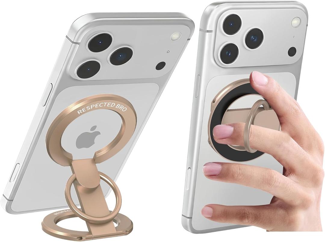 RESPECTED BRO-Magnetic-Phone-Ring-Holder with Dual Rings, Compatible with iPhone 17/16/15/14/13/12, Multifunctional Stand for Office, Gym, Kitchen & All Metal Surfaces, Finger Loop Grip (Desert Gold)