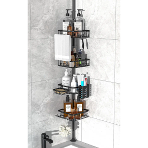 Shower Caddy Corner Rustproof 4 Tier Adjustable 34 to 101 Inch Shower Organizer Tension Pole Floor Standing Bath Rack with Rod for Bathroom & Bathtub - Black