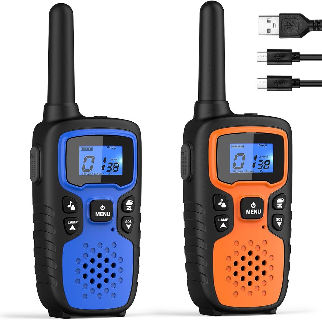 Wishouse Walkie Talkies for Adults Long Range - 2 Way Radios Rechargeable,Hiking Accessories Camping Gear Gift for Kids with Lamp,SOS Siren,NOAA Weather Alert,VOX,Easy to Use, Blue, Orange, 2 Pack