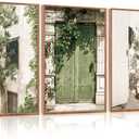 CHDITB Vintage Italy City Landscape Framed Canvas Wall Art Set, Mediterranean Door Wall Decor, Olive Green Cityscape Painting, Tree Old House Italian Art Print For Living Room Bedroom Office 16"x24"x3
