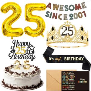 25th Birthday Decorations for Men - Vintage 2001 Birthday Supplies with Banner, Crown, Sash, Cake Topper, Gold 25 Number Balloons, Card with Envelope, 25 Year Old Party Decor Set for Him