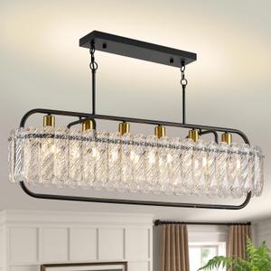 Black Crystal Modern Chandelier for Dining Room, 40 inch Chandeliers with Water Ripple Glass, Adjustable Chain Length,Luxury Rectangular Pendant Light Fixture for Kitchen Island Living Room