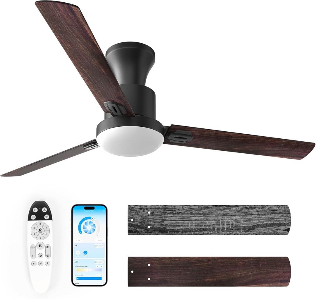 Obabala Ceiling Fans with Lights, 42 inch Flush Mount Ceiling Fan with Light and Remote Control & APP Reversible Dimmable Noiseless Ceiling Fan for Bedroom Indoor/Outdoor (Vintage Gray Maple Walnut)