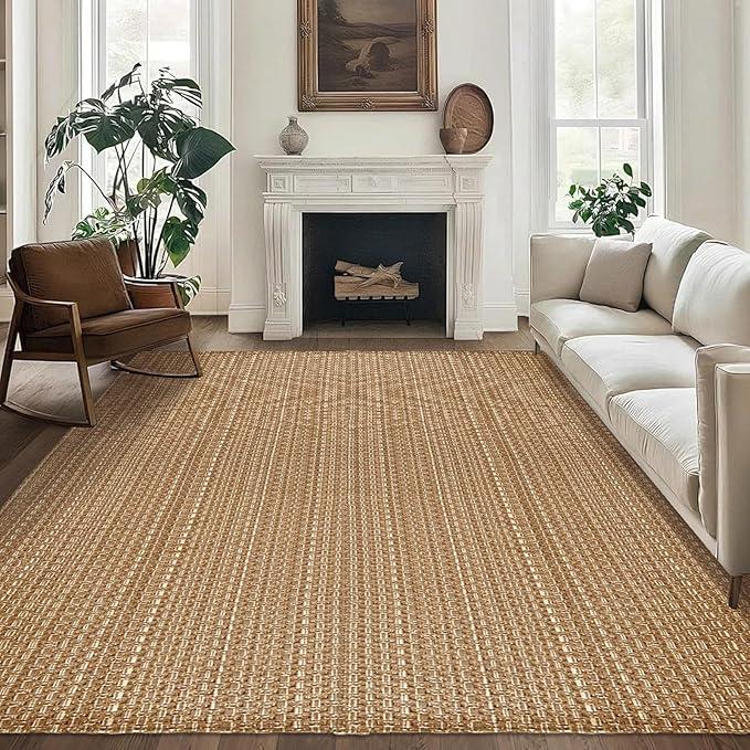 Tan Brown Boho Faux Jute Area Rug 6x9 ft,Braided Solid Non Slip Rug | Washable neutral large carpet, suitable for living room, bedroom, dining room and office