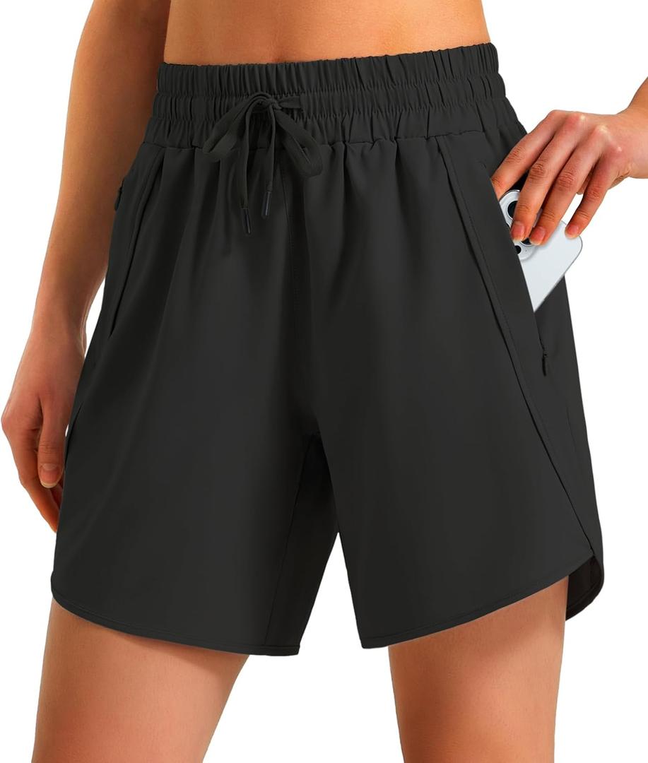Ksmien Women's 5"/ 7" Athletic Running Shorts Quick Dry Lightweight Workout Gym Shorts with Zipper Pockets UPF 50+ Black XL