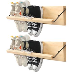 Mifoci 2 Pcs Wall Mounted Shoe Rack Organizer Wooden Modern Compact Wall Space Saving Shoe Holder Storage for Sneaker Footwear Slipper Boots Entryway Narrow Spaces Hallway(28.35'' Long)