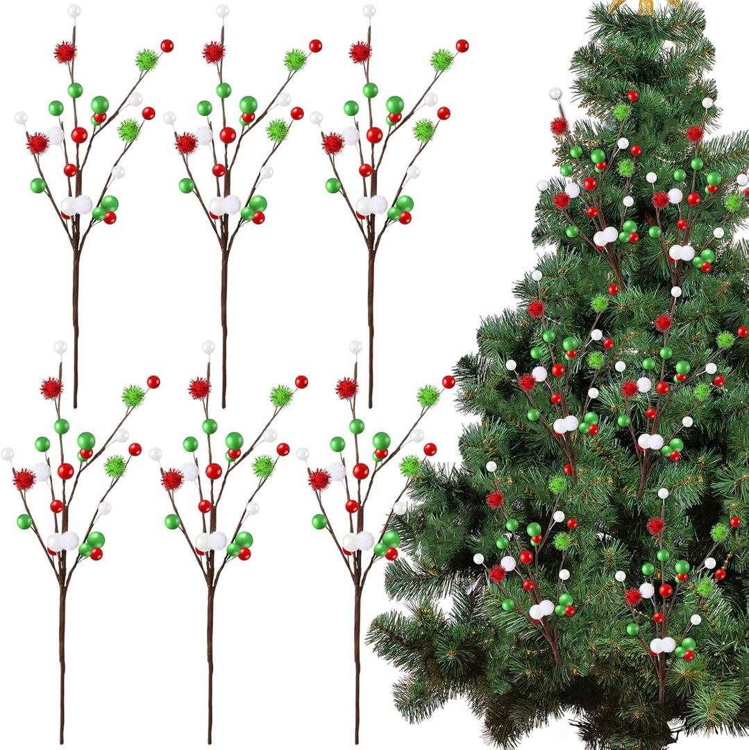 Hotop 16 Inch Christmas Tree Picks Decorations Red Green Christmas Ornaments Xmas Floral Branches and Ball Picks Decoration for Holiday Tree Topper Decor(Classic,6 Pcs)