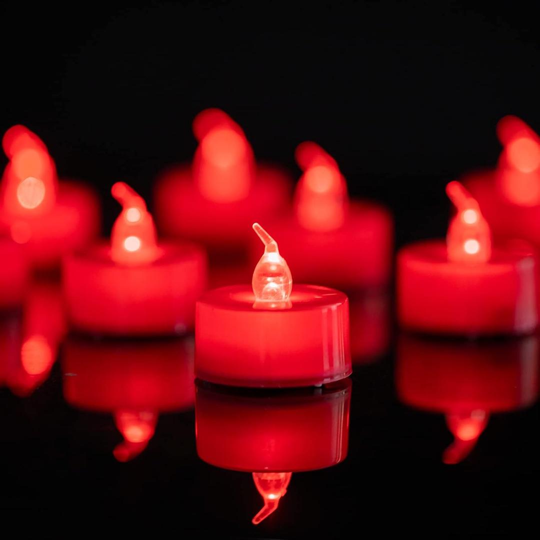 LANKER 24 Pack LED Tea Lights Candles, Flickering Red Flameless Tealights, Long Lasting Battery Operated Fake Candles, Decoration for Wedding, Halloween and Christmas (Red  24pcs)