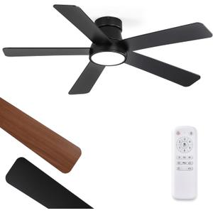 48 Inch Ceiling Fans with Lights and Remote,Outdoor Indoor Modern Flush Mount Ceiling Fan with 3CCT 6-Speed Quiet DC Motor,Black Small Low Profile Ceiling Fan for Bedroom Living Room Office(Black)