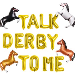 Talk Derby to Me Balloons Banner, Kentucky Derby Party Banner, Horse Racing Party Decoration for Kentucky Derby Day Party, 13pcs Foil Letter Balloons and 4pcs Horse Foil Balloons