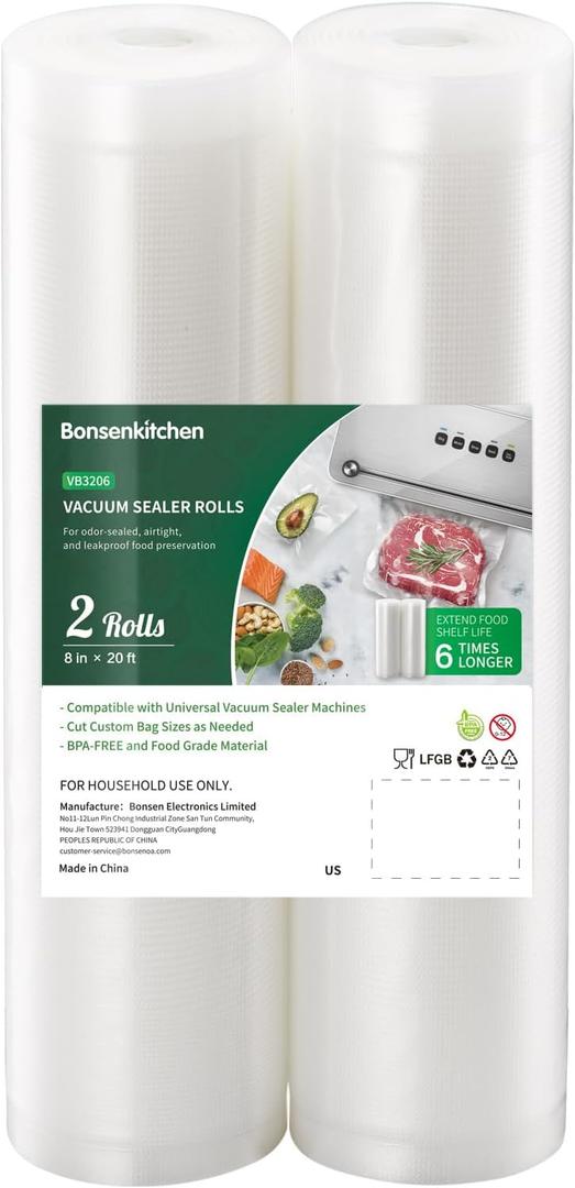 Bonsenkitchen Vacuum Food Sealer Rolls Bags, 2 Pack 8 in x 20 ft, BPA Free, Durable Commercial Customized Size Bags for Storage and Sous Vide Cooking,VB3206 (8 in x 20 ft (2 Pack))