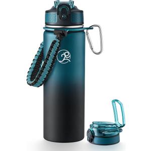 GOSWAG Insulated Sports Water Bottle, 24oz 2 Lids(with Straw/No Straw), Stainless Steel Water Bottles with Paracord Handle, Insulated Bottle with DoubleWall Vacuum Insulation