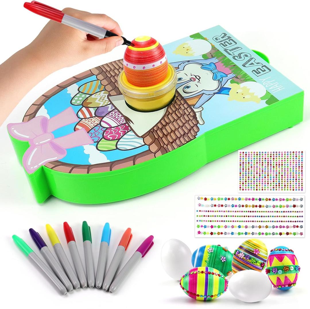Easter Egg Decorating Kit - Coloring Painting Arts Crafts Set for Kid,Prize Gift Party Favor,Dye Toys,Includes Bunny Theme Spinner Decorator Machine,8 Colors Quick Drying Markers,6 White Wooden Eggs