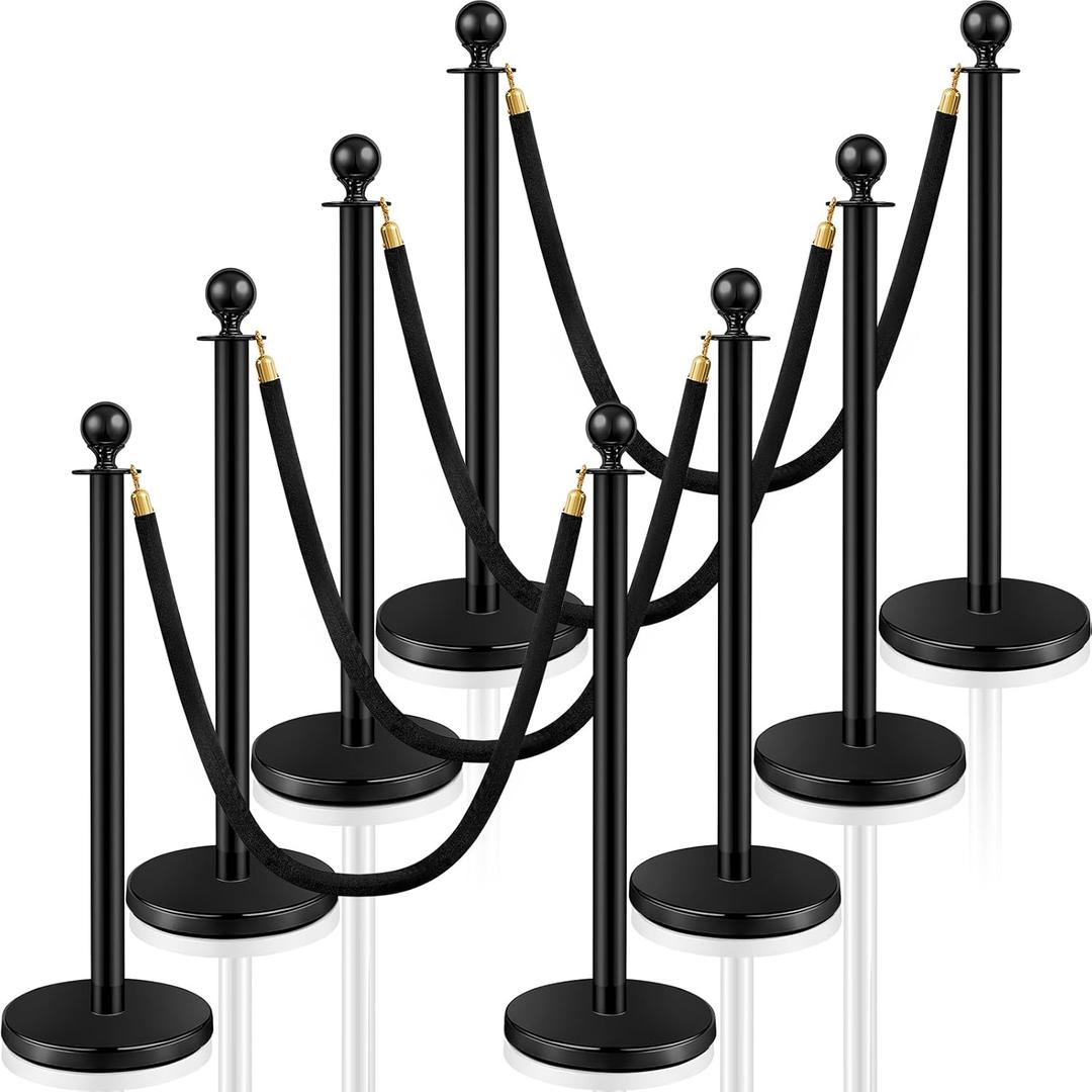 Ferraycle 8 Pcs Stainless Steel Crowd Control Stanchions and Velvet Ropes 5 ft Red Carpet Poles Black Ropes Safety Barriers with Sand Injection Hollow Base for Party Supplies